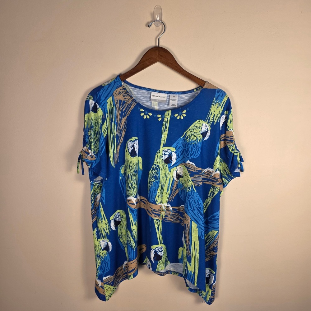 Alfred Dunner Parrot Top Womens PXL Blue Tropical Embellished Ruched Sleeve